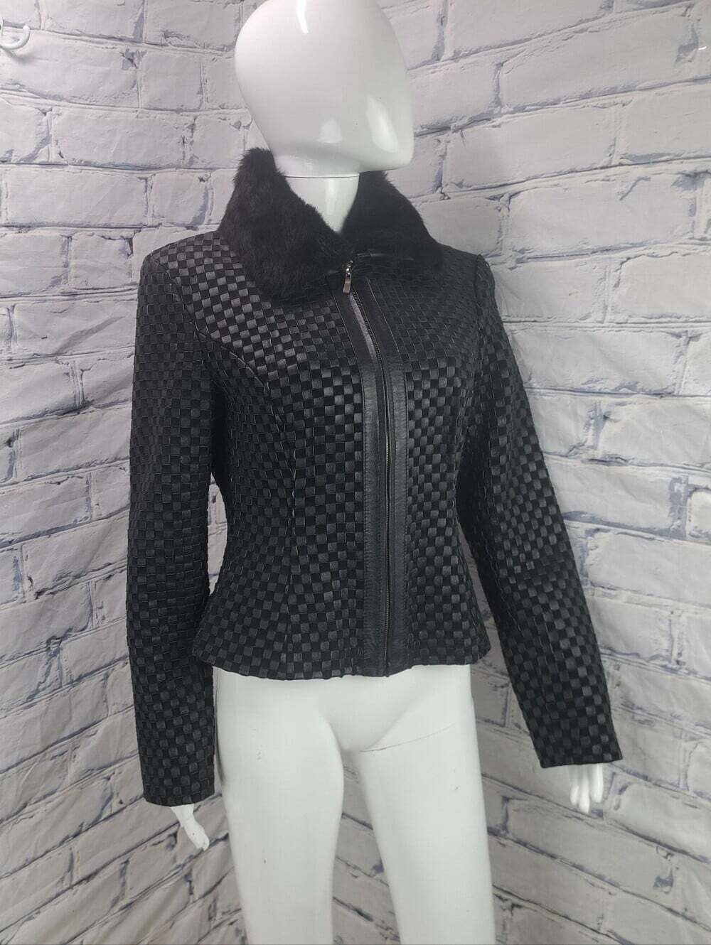 Marvin Richards Women's Leather Jacket Basketweave Woven Black Rabbit Fur Small